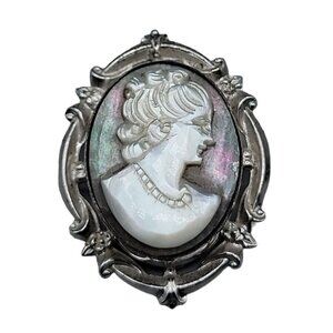 Curtis Creations Sterling Cameo Brooch Purple Carved Abalone & Mother of Pearl